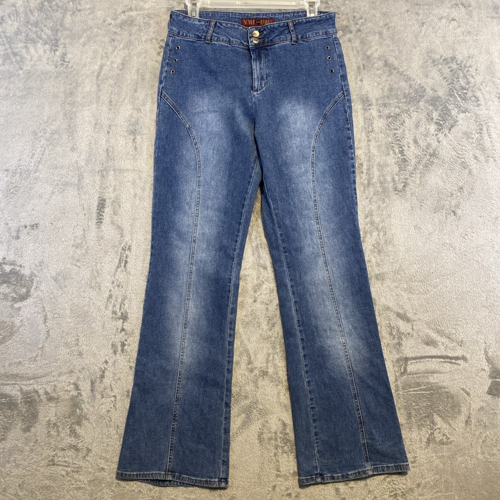 VTG YMI Jeans Sz 11 Juniors Faded Blue Flared Leg Stretch Y2K Hippie Boho‎